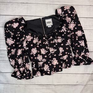 Autumn Adeigbo Mallory Silk Floral Lace-Up Peplum Blouse  Black and Pink Size 2